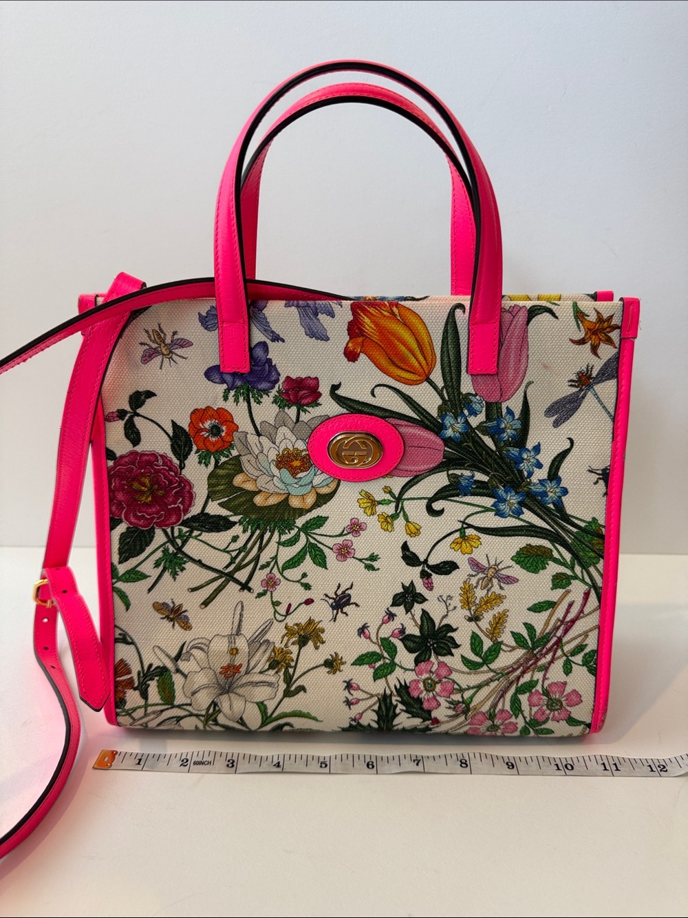 Gucci Cream Floral Tote with Hot Pink Trim